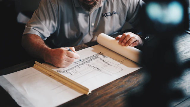 Architect drawing on a blueprint